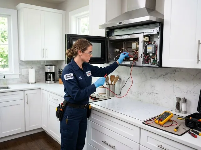Appliance Repair Hero technician testing an over-the-range microwave in a Black Earth, WI kitchen